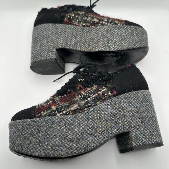 Chanel 15K Lace up Multicolor Sz 35 1/2 US 5 1/2 Black Tweed  Platform Oxford - Picture 6 of 10